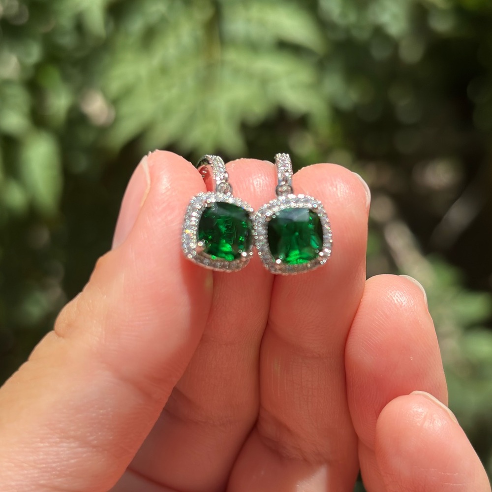 18K White Gold Plated Stainless Steel Emerald Green Diamond Dangling Earrings - Picture 6 of 7